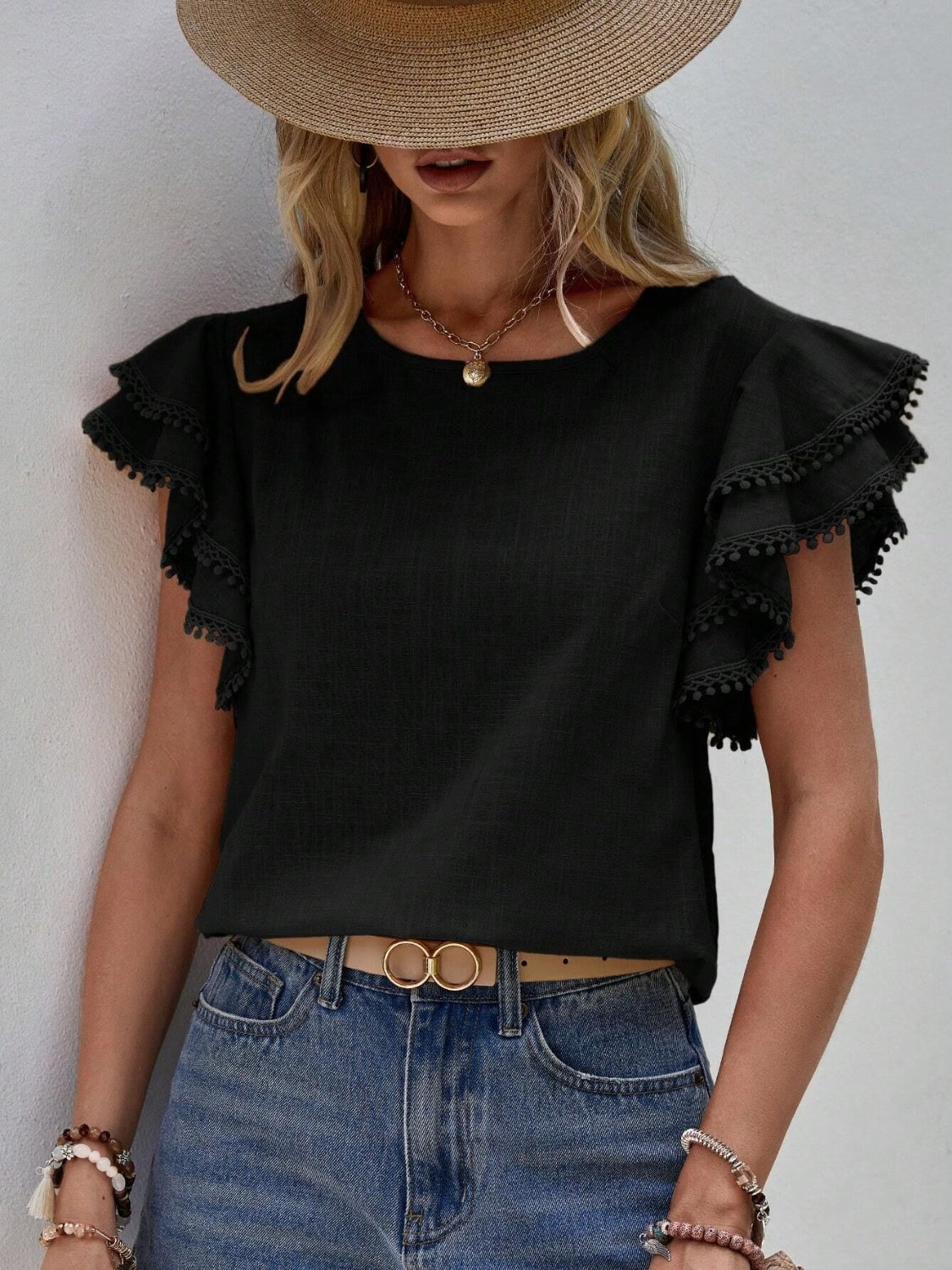 Ruffled Cap Sleeve Round Neck Blouse