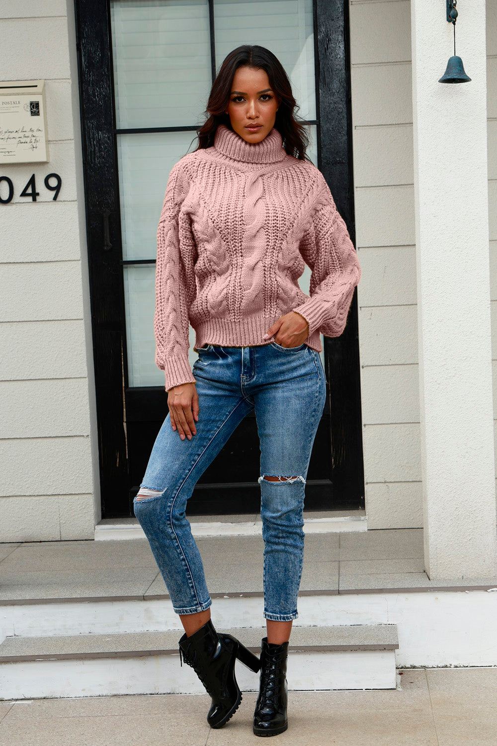 Cable-Knit Turtleneck Long Sleeve Sweater