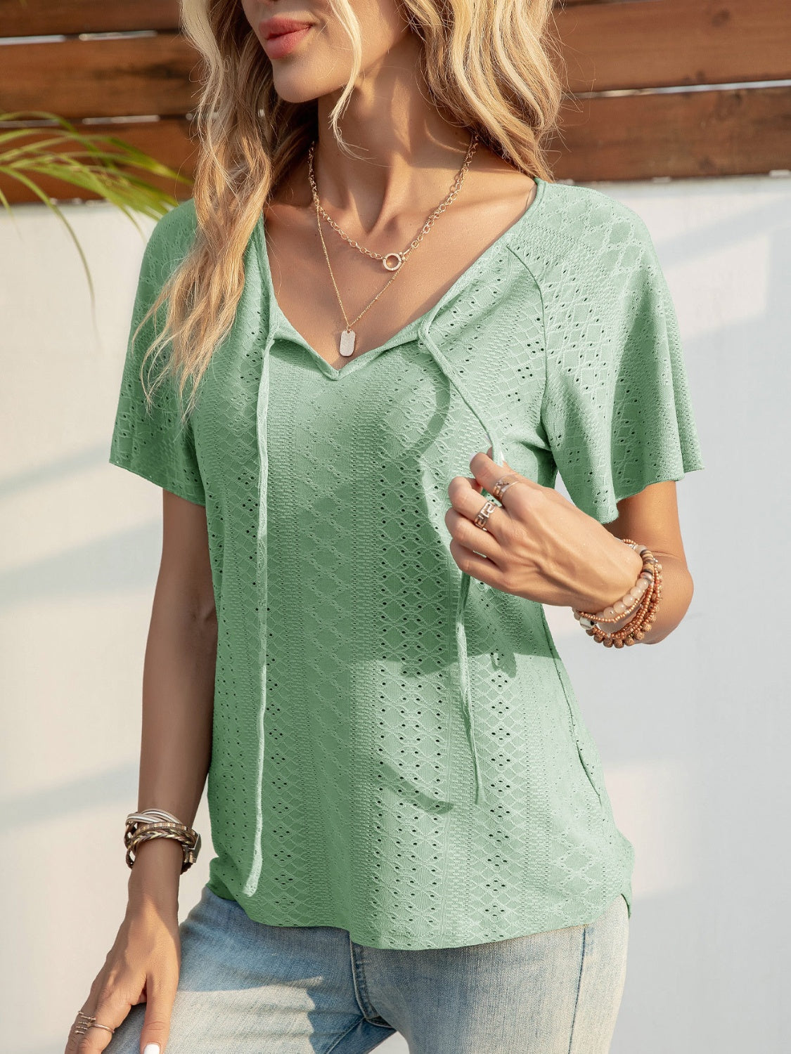 Eyelet Tie Neck Short Sleeve T-Shirt